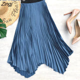 2023 Spring Summer New Satin Midi Long Pleated Skirt Women Korean Style Blue High Waist Mid-Length A Line Skirt