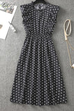 Women Summer Polka Dot Chiffon Dress Short Sleeve Party Sweet Slim A-Line Casual Elastic Waist Elegant Midi Dresses Robe