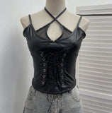 Shooting Locomotive Punk Pu Splicing Fishing Net Hanging Neck Sling Vest Babes Wearing Rope Repair Short Blouse