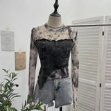 Dye Mesh Spliced Denim Shoulder Long-Sleeved T-Shirt T-Shirt T-Shirt Dress