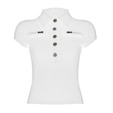 Retro Two-Sided Pocket Polo Collar Short Casual T-Shirt T-Shirt T-Shirt Buckle Work-Loaded