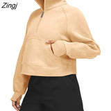 Women‣s Stand Collar Pullovers Long Sleeve Solid Color Half Zip Front Pocket Sweatshirts Spring Autumn Loose