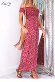 Women Summer Chiffon Long Dress Sexy Slash Neck Strapless Front Split Casual Elegant Floral Print Boho Beach
