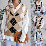 Pullover Rhombus V-neck Casual Loose Knitted Sweater Women's