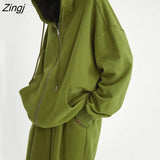 Women's Tracksuit Casual Zip Up Oversized Sweatshirts Two Piece Set Fleece Loose Hooded Jacket+High Waist Long Pant Sport