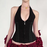 Trendy Sexy Strap Girded Waist Design Solid Sexy Hot Babes Hanging Neck Zipper Small Vest 2025