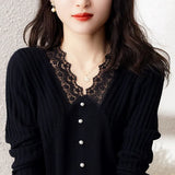 V-Neck Lace Knitted Shirt Original Single Italian Women's Single Single Autumn European Long Sleeve Bottom Top
