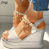 New Women Wedge Sandals Summer Bead Studded Detail Platform Sandals Buckle Strap Peep Toe Thick Bottom Casual Shoes