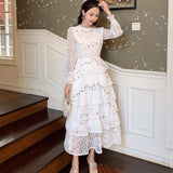 Layer Ruffles Lace Maxi Dress Runway Summer Women White Floral Embroidery Long Dress Hollow Out Cake Party Dress 211-1-Outfit