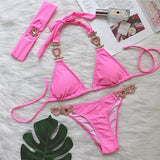 Zingj Sexy Luxury Crystal Diamond Bikini Solid Color Female Strap Swimwear Metal Accessories