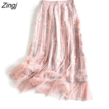 Long Tulle Midi Skirt Women Embroidery Butterfly High Waist Mesh Pleated Skrit Korean Sweet Pink Gray Tutu Skirts
