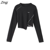 Women Crop Tops Long Sleeve T-shirts Patchwork Irregular Fashionable Undershirts Design Korean-style Ins Ulzzang Top Female