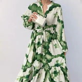 Women's Retro Printed Lantern Sleeves Waist Swing