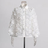 French Commuting Style Nail Drill Shirt 2025 New Collar Hand Three-Dimensional Flower Long-Sleeved Shirt Top
