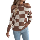 Shooting Autumn And Winter New Casual Shoulder Bump Color Lattice Lantern Long-Sleeved Sweater Women's