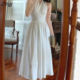 Elegant Halter Dress Women Sexy Backless Korean Party Midi Dress Female Sleeveless V-neck Vintage Dresses for Women