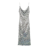 Silver Sequin Cowl Neck Midi Dress- Outfit
