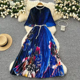 Women's Niche Elegant Dress New Hollow Nail Ball Neck-To-Celing Waist-Print Folding Long