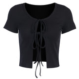 Sexy Cropped Top Lace up Short Sleeve Hollow out Front Split Hem O-Neck Slim Women Fashion Summer New Sexy