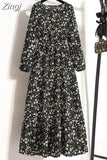 Women Elegant Floral Printed Long Dresses Spring Summer Casual O Neck Long Sleeve Ladies Chic High Waist A Line Beach
