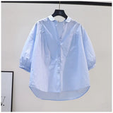 Fresh Art And Light Blue Cotton Shirt Women 7-Sleeve Casual Shirt 2025 Summer Temperament
