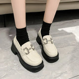 Bottom Mary Jane Small Leather Shoes Female 2025 New British Wind Pine Platform Bottom Metal Rhinestone Chain Loafer Single