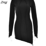 Asymmetrical Slim Mini Dress Women Solid O-Neck Flare Long Sleeve Casual Patchwork Wrap Dress Spring New