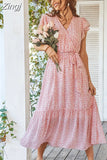 Women's Dresses Pink Dress Women Outfits Elegant Puff Sleeve Floral Dress Sexy V Neck Summer Dress Women