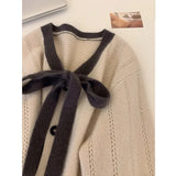Goods Heavy Industry Korean Version Of Lazy Wind Apricots Bow Round Knitted Sweater Coat Women's Autumn And Winter 2025