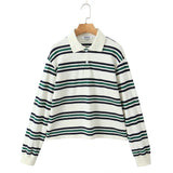 Autumn New Women's College Style Bumpy Horizontal Striped POLO Shirt Long-Sleeved T-Shirt