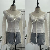 Shooting Merard Wind Strapted Bow Splicing Lace Pure Desire Blouse Folding Body Short Blouse
