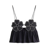 Women's New Black Bright Flowers Decorated Cotton Blouse Small Sling Vest