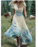 Large-Size Women's Loose White Dress Creative Pattern Totem Deep V Short-Sleeved