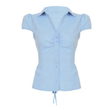 New Temperamental Femininity Polo Collar Short-Sleeved Shirt Hottie Street Commute Wrinkles On The