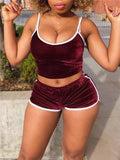 2Pcs Women Sleepwear Velvet Pajama Sets, Sexy Strappy Crop Top Camisole and Shorts Nightwear