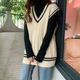 Vest Women Preppy-style V-neck Sleeveless Korean Loose Fashion Leisure Sweaters Students All-match Streetwear