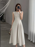 O-neck Woman A-line Dresses for Women Sleeveless Slim Waist Female Solid Dress Elegant Ladies Midi Vestidos Summer