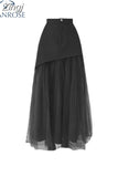 Design Vintage Tulle Patchwork Black Skirt Women 2023 Autumn New High Waist Lady Long Pleated Korean Style Mid Long
