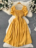 Vintage Women Square Collar Draped Dress Eleagant Puff Short Sleeve High Waist A-Line Knee-Length Robe Female New