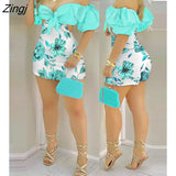 Fashion Holiday Floral Print Off Shoulder Knotted Puff Sleeve Skinny Shorts Skorts Fairy Casual One Piece Women