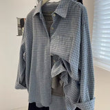 Version Of The Retro Grinding Blue Plaid Long-Sleeved Shirt Women 2025 Spring And Autumn New Loose Lazy Wind Outside The