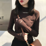 Zingj Spring 2024 Half Turtleneck Jacket Bottom Shirt Women's Letters Embroidered Slim Students Solid Color And Velvet Long Sleeve T-Shirt