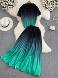 Women Pleated Two Piece Set Vintage Stand Collar Short Sleeve Draped Tops + High Waist Stretchy A-Line Skirt Suit