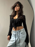 2025 New Solid-Colored Lotus Side Knitted Shirt Women's Short Sexy Hot Girl Fashion V Collar