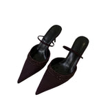 Winter New Pointed Purple Thin Heel High Mouth Water Drill With Silk Sat Sandals Half-Dragging