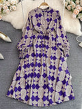 Vintage Women Printed Dress Female Elegant Stand Collar Lantern Long Sleeve High Waist A-Line Midi Vestidos New
