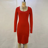 Zingj Women's 2023 New Fashion Square Collar Long Sleeve Solid Color Waist Show Thin Hip Dress Women's