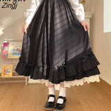 Midi Long Skirts Womens Multi Layer Ruffle Goth Black Pleated Skirts Japanese Harajuku Sweet High Waist Lolita Skirt