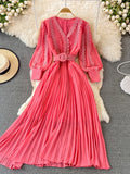 Embroidered Pleated Long Dress Vintage V-Neck Lantern Sleeve High Waist Draped Maxi Vestidos Female 2023