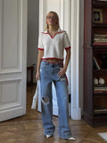 Summer New Knitted Hollow Navy Round Five-Sleeve Polo Shirt Front Shoulder Women Short Loose